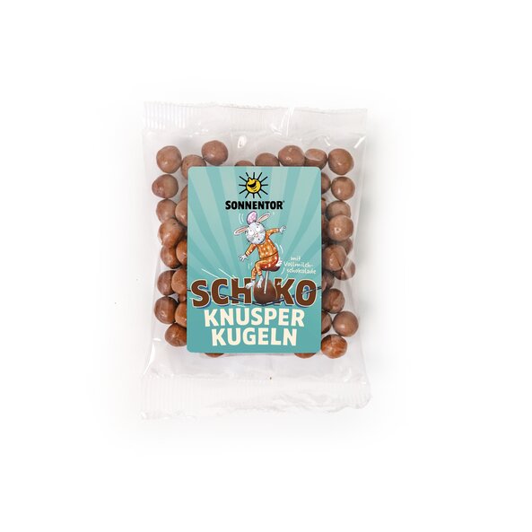 On the label, the Easter Bunny rides a unicycle on a chocolate crunch ball like a circus performer on a tightrope and balances an Easter egg on his head.
