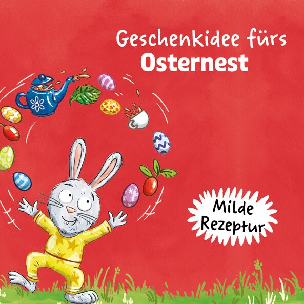 Fruchtige Ostern Tee mit Illustration eines Hasen, der mit Ostereiern jongliert. Text: „Geschenkidee fürs Osternest“, „Milde Rezeptur“