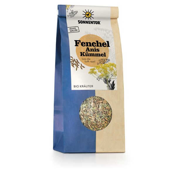 Above a beige yellow dot are the words “Fennel Anise Caraway” in thick black letters. All around you can see drawn fennel seeds and an inflorescence.