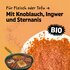 Illustration mit Asian BBQ-Gewürz lose und dem Schriftzug: "Für Fleisch oder Tofu mit Knoblauch, Ingwer und Sternanis" auf hellorangem Hintergrund.