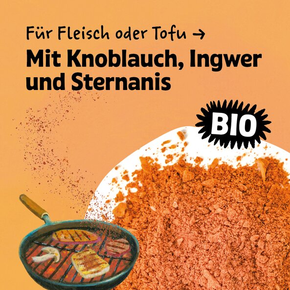 Illustration mit Asian BBQ-Gewürz lose und dem Schriftzug: "Für Fleisch oder Tofu mit Knoblauch, Ingwer und Sternanis" auf hellorangem Hintergrund.