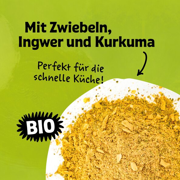 Illustration mit Easy Goreng Gewürz lose und dem Schriftzug: "Mit Zwiebeln, Ingwer und Kurkuma - perfekt für die schnelle Küche" auf hellgrünem Hintergrund.
