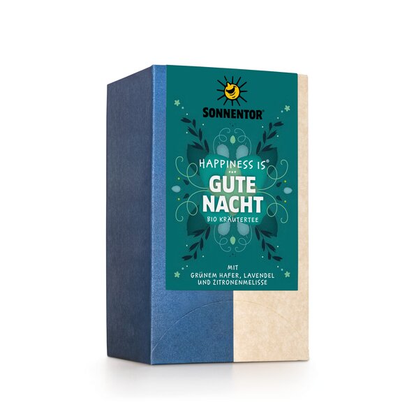 Packung von SONNENTOR Gute Nacht Tee Hapiness is® mit einem ruhigen Etikett in Grün- und Naturtönen mit floralen Mustern und der Aufschrift „Gute Nacht“.